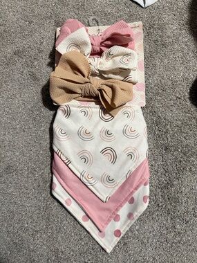 Kids Pink and Tan Bow Headband & Bandana Bib Set